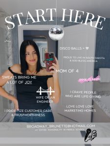 Sioux Falls Realtor taking a photo in a mirror with text about what she likes surrounding her